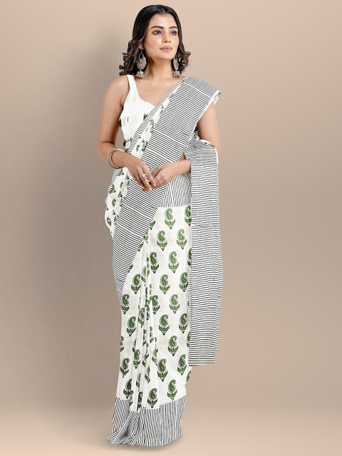 

BharatSthali White & Green Ethnic Motifs Pure Cotton Block Print Handloom Saree