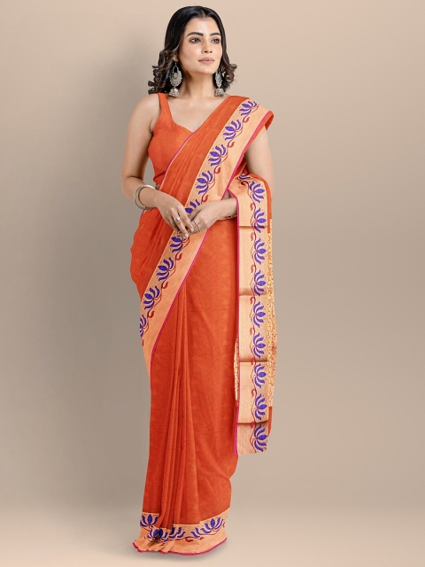 

BharatSthali Orange & Blue Woven Design Zari Silk Cotton Kota Handloom Saree