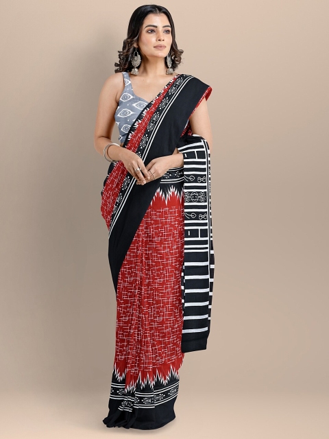 

BharatSthali Red & Black Pure Cotton Block Print Handloom Saree