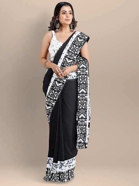 

BharatSthali Black & White Pure Cotton Block Print Handloom Saree