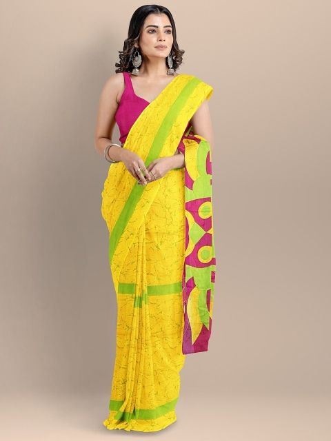 

BharatSthali Yellow & Green Pure Cotton Block Print Handloom Saree