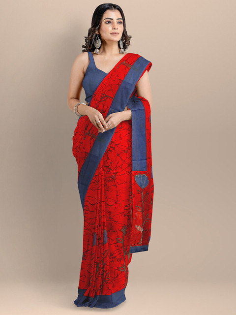 

BharatSthali Red & Navy Blue Pure Cotton Block Print Handloom Saree