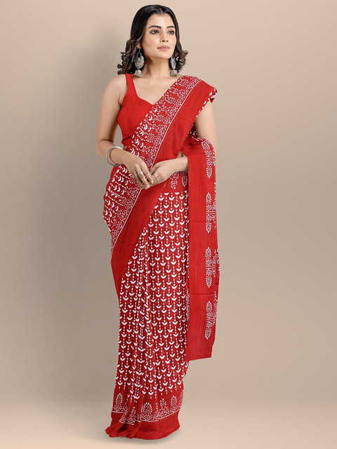 

BharatSthali Red & White Pure Cotton Block Print Handloom Saree