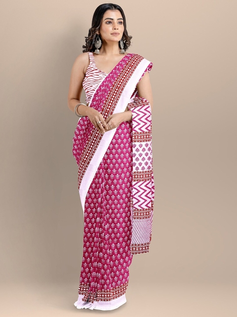 

BharatSthali Magenta & White Dabu Pure Cotton Block Print Handloom Saree