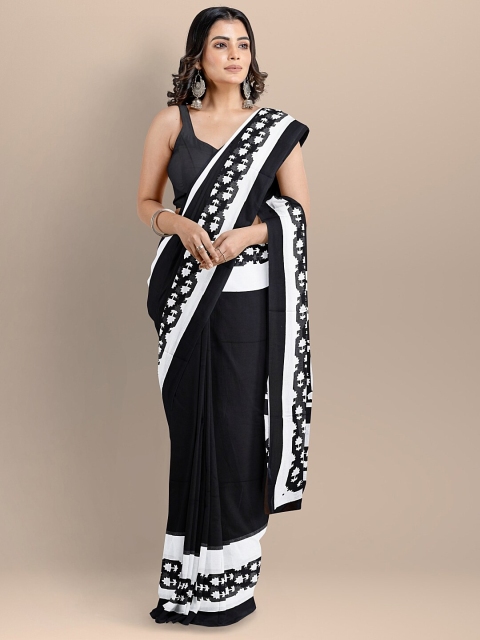 

BharatSthali Black & White Pure Cotton Block Print Handloom Saree