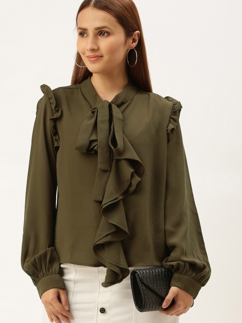 

SHECZZAR Olive Green Tie-Up Neck Bishop Sleeves Georgette Blouson Top