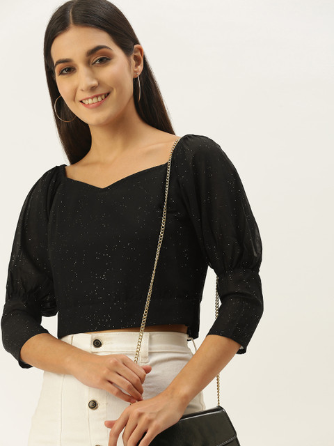 

SHECZZAR Black Sweetheart Neck Georgette Regular Crop Top