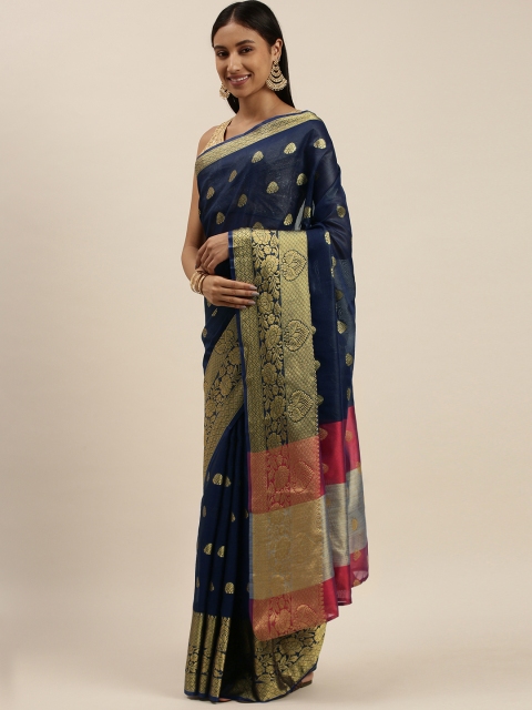 

KALINI Blue Ethnic Motifs Zari Silk Blend Kanjeevaram Saree