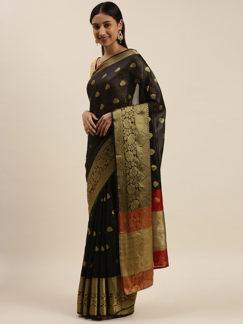 

KALINI Black & Red Woven Design Zari Silk Blend Kanjeevaram Saree