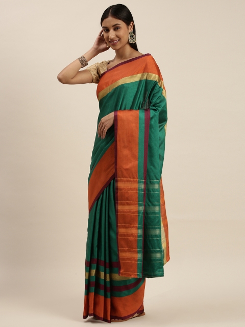 

KALINI Green & Orange Striped Zari Art Silk Kanjeevaram Saree