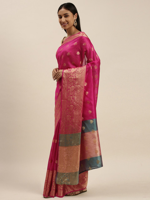 

KALINI Pink Ethnic Motifs Zari Silk Blend Kanjeevaram Saree
