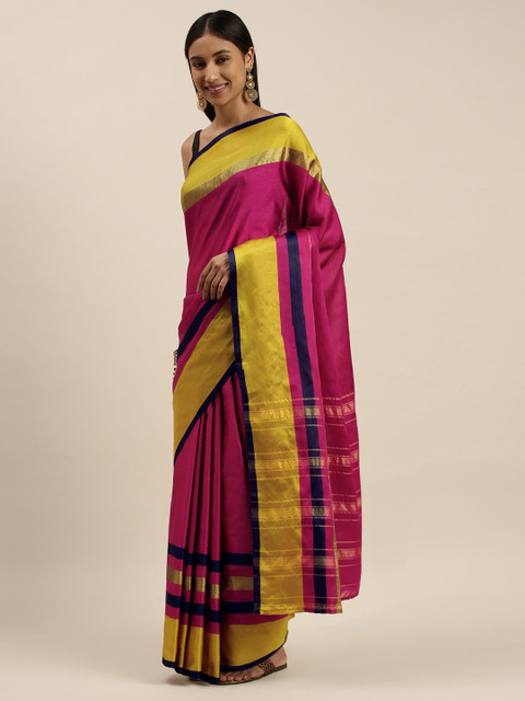 

KALINI Pink & Yellow Striped Zari Art Silk Kanjeevaram Saree
