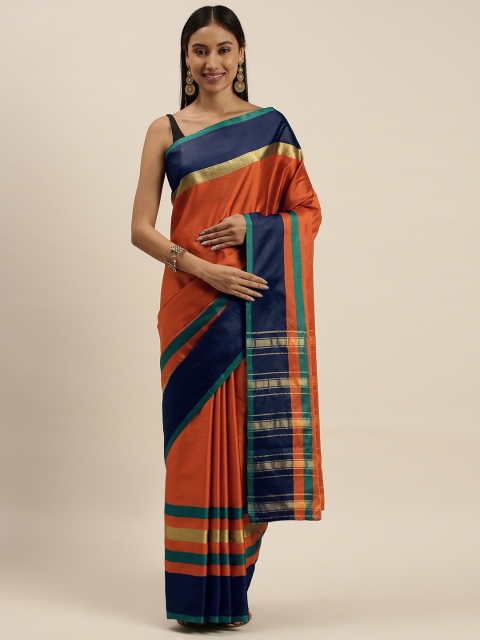 

KALINI Orange & Navy Blue Striped Zari Art Silk Kanjeevaram Saree