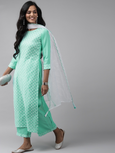 

Indo Era Women Sea Green Embroidered Straight Regular Kurta with Palazzos & With Dupatta