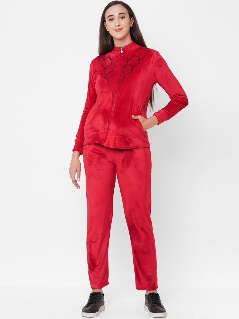 

Sweet Dreams Women Red Solid Velour Tracksuits