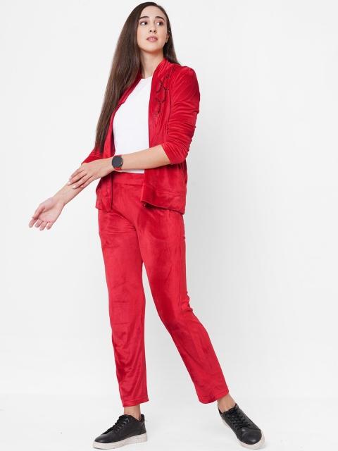 

Sweet Dreams Women Red Solid Velour Tracksuit