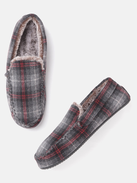 

Marks & Spencer Men Grey & Red Checked Faux Fur Lined Thermo Warmth Room Slippers