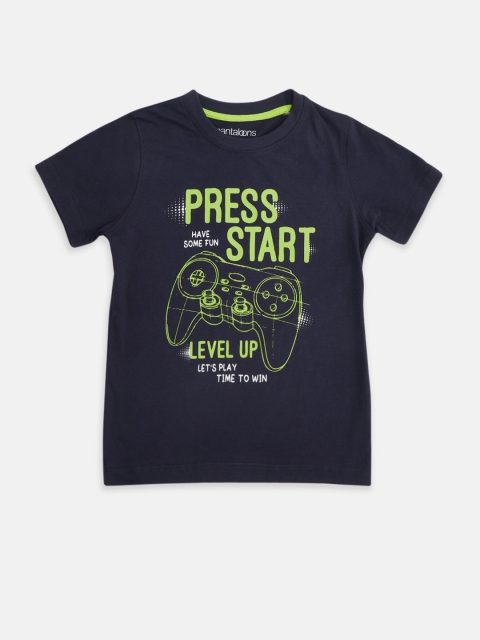 

Pantaloons Junior Boys Navy Blue Green Printed Pure Cotton T-shirt