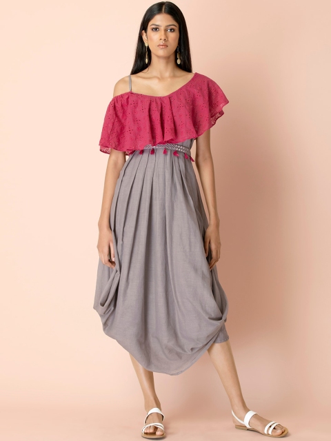 

INDYA Pink & Grey Schiffli Cowl Dress