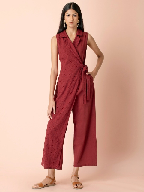 

INDYA MaroonSchiffli Side Tie Jumpsuit, Maroon