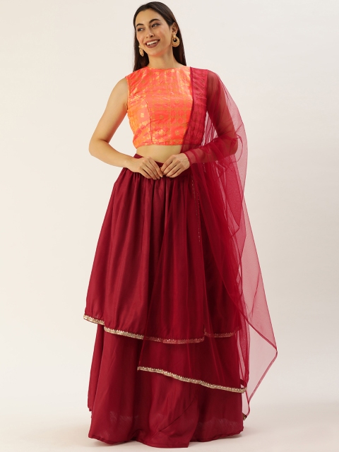 

EthnoVogue Orange & Maroon Sequinned Made to Measure Lehenga & Blouse With Dupatta