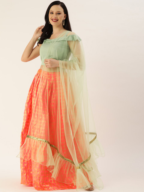 

EthnoVogue Green & Orange Made to Measure Lehenga & Blouse With Dupatta