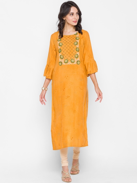 

ZOLA Women Mustard Yellow Ethnic Motifs Embroidered Bell Sleeves Kurta