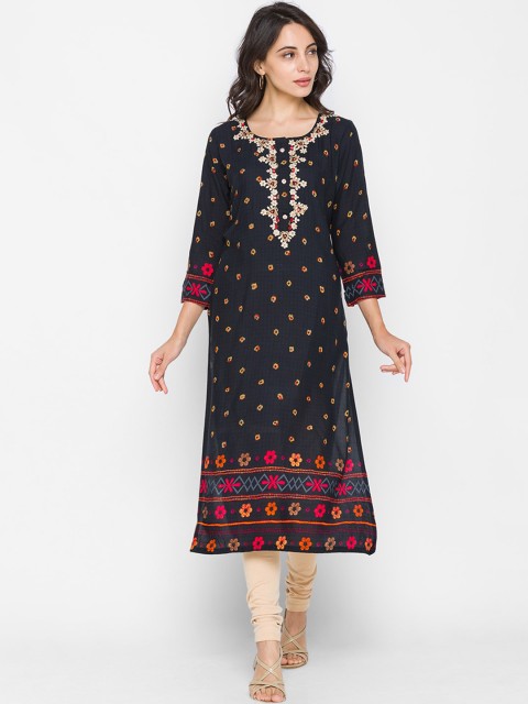 

ZOLA Women Black Bandhani Print Embroidered Kurta