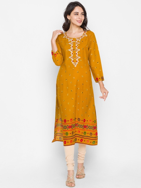 

ZOLA Women Mustard Yellow Ethnic Motifs Bandhani Print Embroidered Kurta
