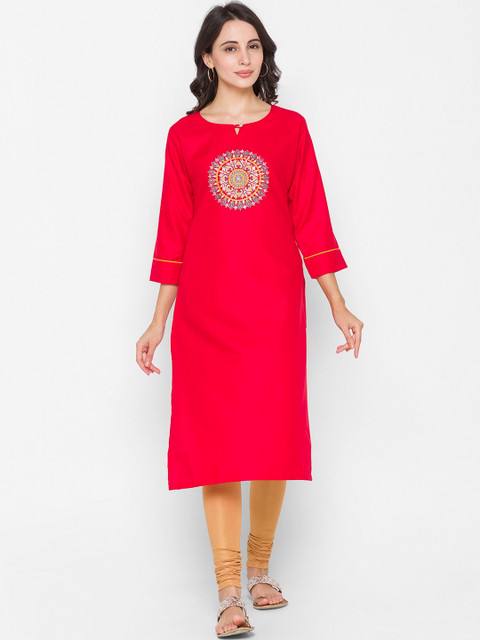 

ZOLA Women Red Embroidered Keyhole Neck Kurta