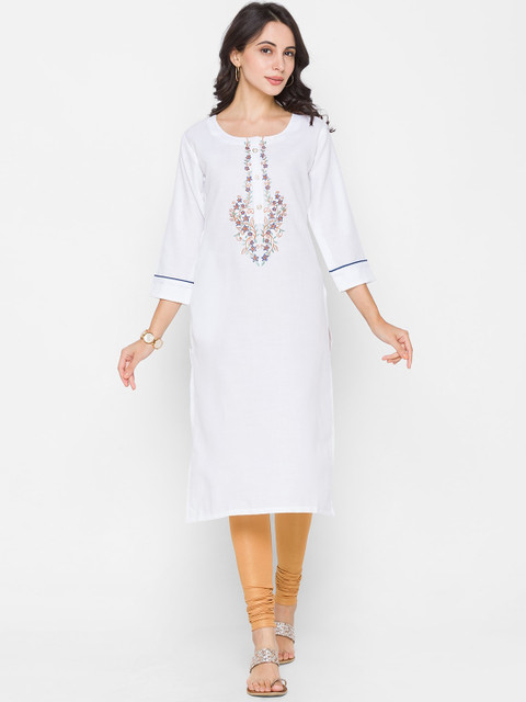 

ZOLA Women White & Blue Floral Embroidered Thread Work Kurta