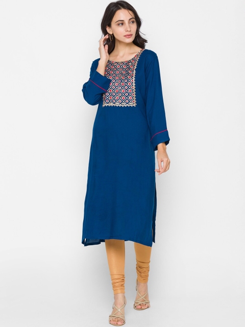 

ZOLA Women Navy Blue & Red Floral Embroidered Kurta