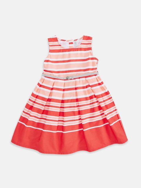

Pantaloons Junior Girls Coral & Peach-Coloured Fit And Flare Striped Dress