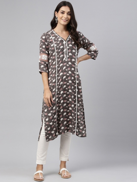 

Neerus Women Olive Green & Pink Floral Printed Kurta