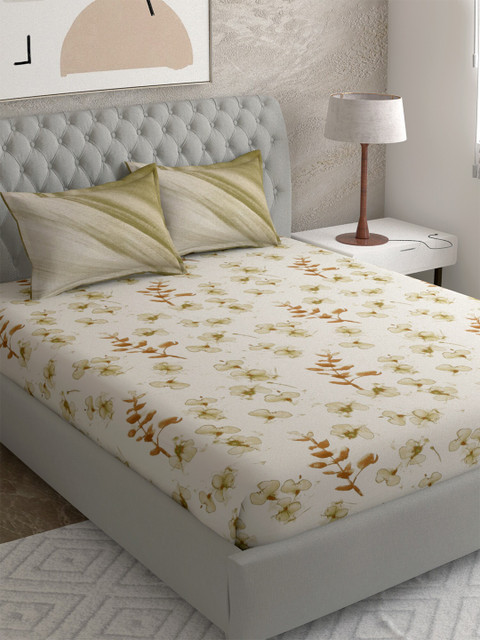 

EverHOME Cream-Coloured & Brown Floral 144 TC Queen Bedsheet with 2 Pillow Covers