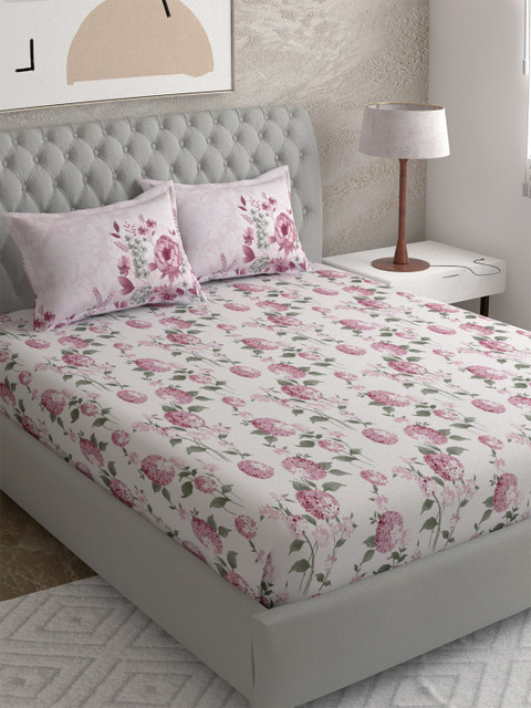 

EverHOME Off White & Pink Floral 144 TC Queen Bedsheet with 2 Pillow Covers