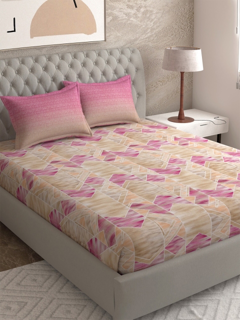

EverHOME Beige & Pink Geometric 144 TC Queen Bedsheet with 2 Pillow Covers