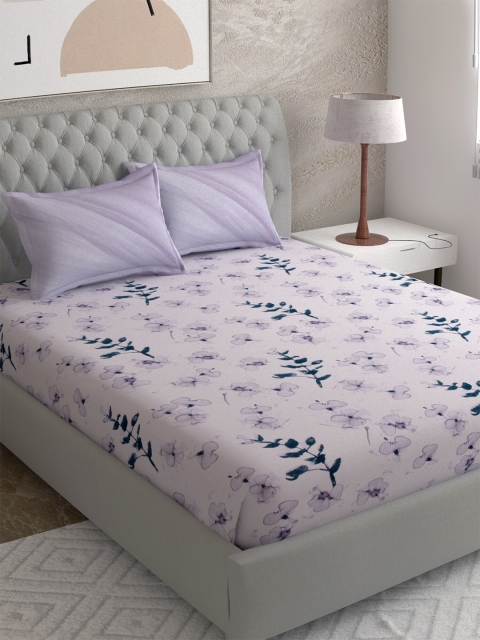 

EverHOME Cream-Coloured & Purple Floral 144 TC Queen Bedsheet with 2 Pillow Covers