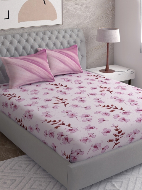 

EverHOME Cream-Coloured & Pink Floral 144 TC Queen Bedsheet with 2 Pillow Covers