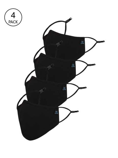 

CENWELL Unisex Pack Of 4 Black Solid 6-Ply Reusable Pure Cotton 3D Cloth Masks