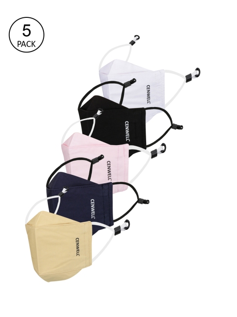 

CENWELL Unisex Pack Of 5 Solid 6-Ply Reusable Pure Cotton 3D Cloth Masks, White