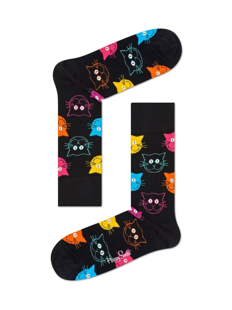 

Happy Socks Unisex Black & Yellow Cat Patterned Above Ankle-Length Socks