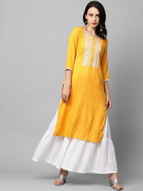 

FASHOR Women Yellow & White Ethnic Motifs Embroidered Kurta
