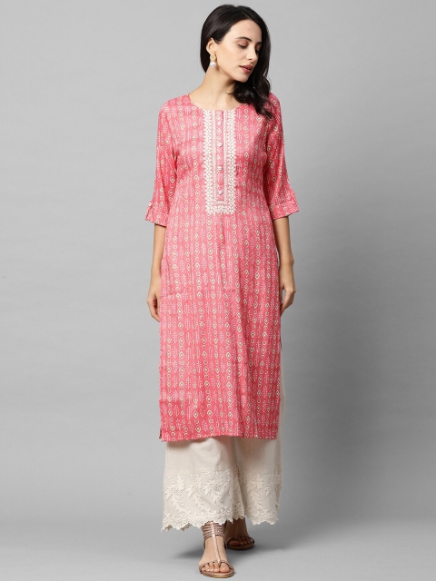 

FASHOR Women Pink Geometric Printed & Embroidered Kurta