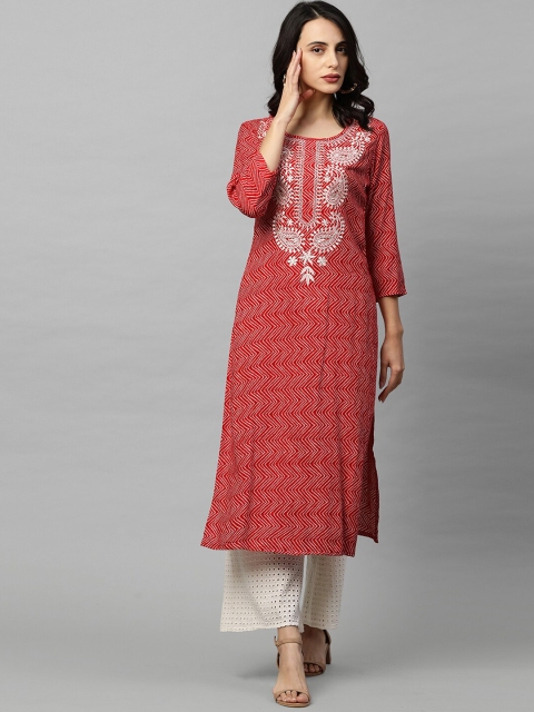 

FASHOR Women Red & White Chevron Printed & Embroidered Kurta