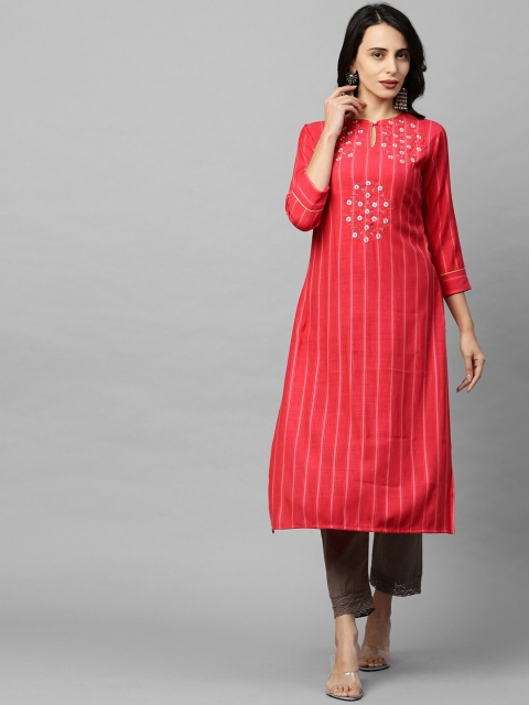 

FASHOR Women Red Striped & Embroidered Kurta