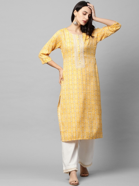 

FASHOR Women Yellow & White Geometric Printed & Embroidered Kurta
