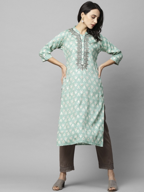 

FASHOR Women Sea Green Geometric Printed & Embroidered Kurta