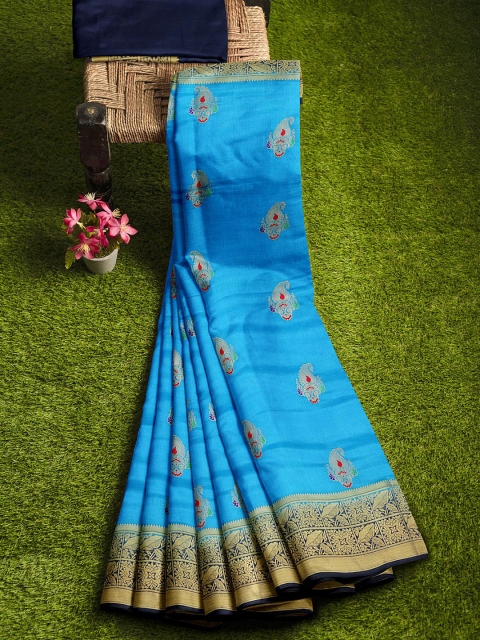

KLM Fashion Mall Blue & Gold-Toned Ethnic Motifs Zari Silk Blend Banarasi Saree