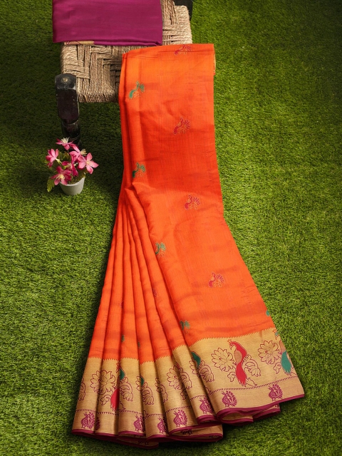 

KLM Fashion Mall Orange & Pink Ethnic Motifs Zari Silk Blend Banarasi Saree